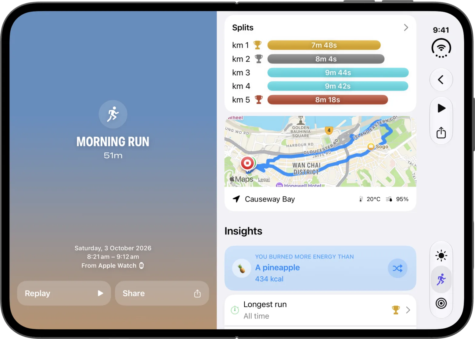 Workout details on iPhone Duo, open in landscape