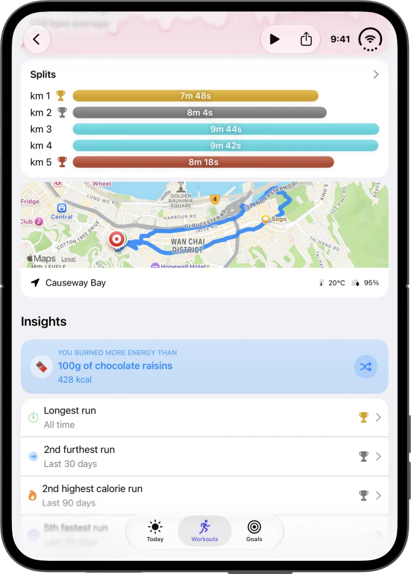 Workout details on iPhone Duo, open in portrait