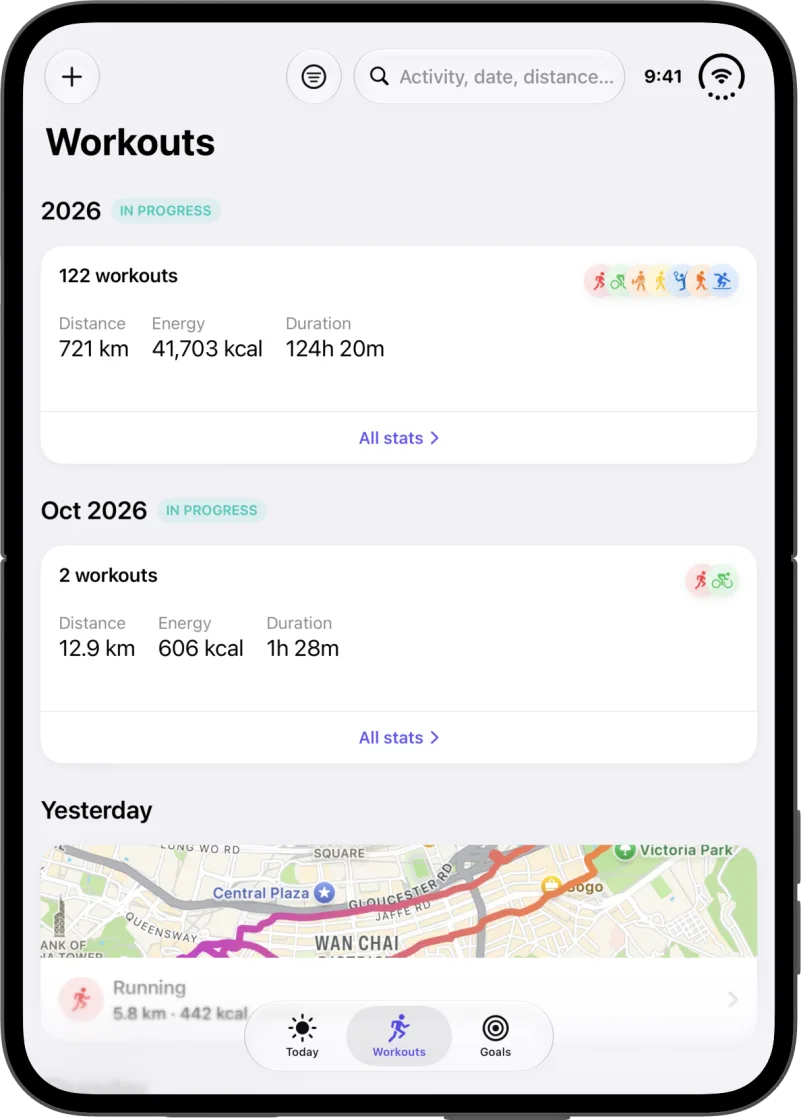 Workouts on iPhone Duo, open in portrait