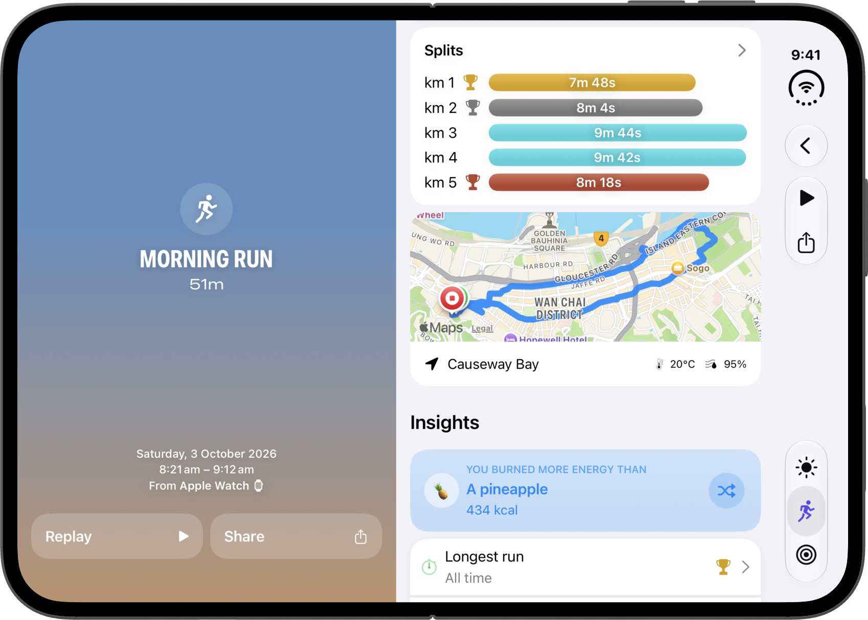 Workout details on iPhone Duo, open in landscape