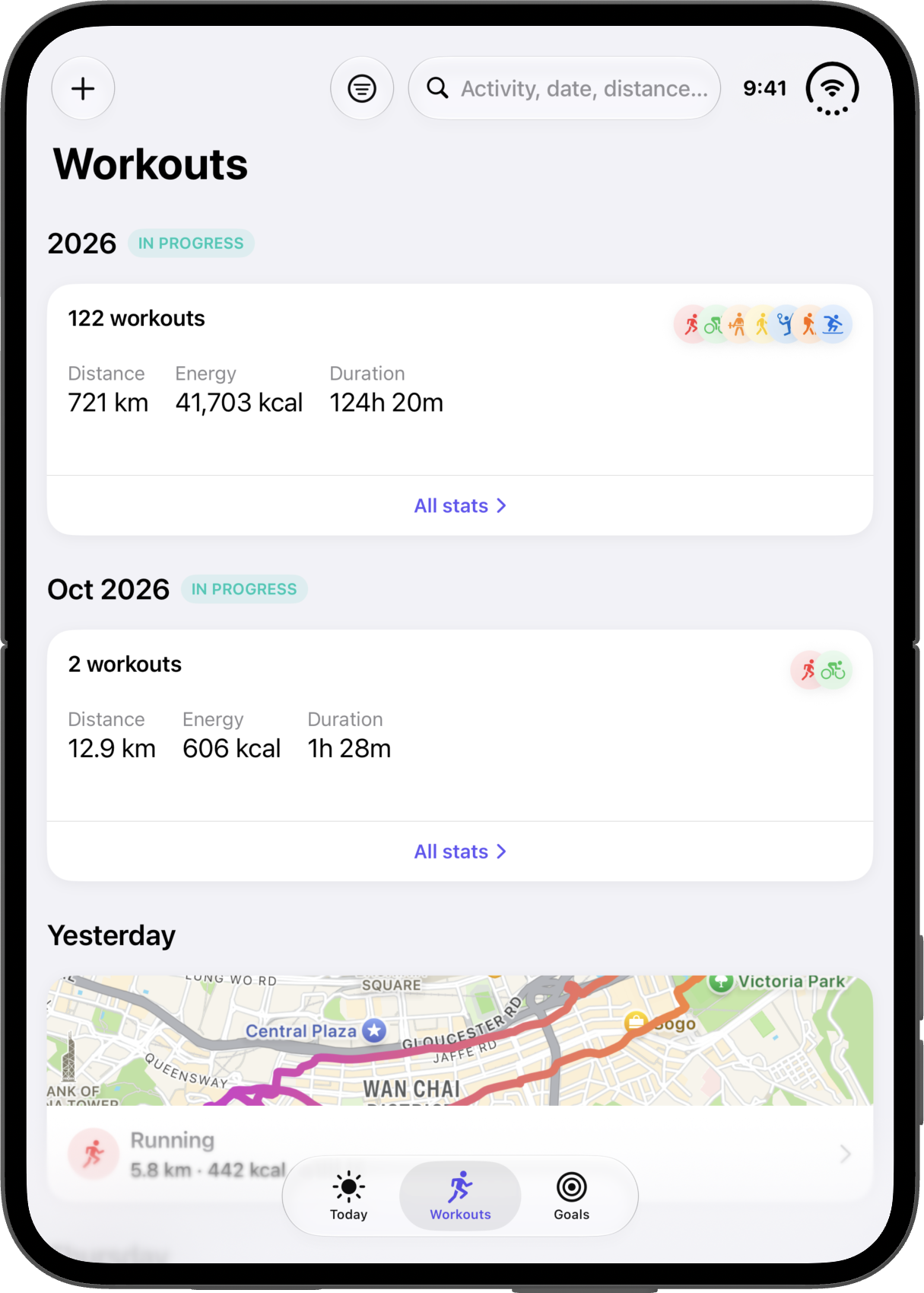 Workouts on iPhone Duo, open in portrait